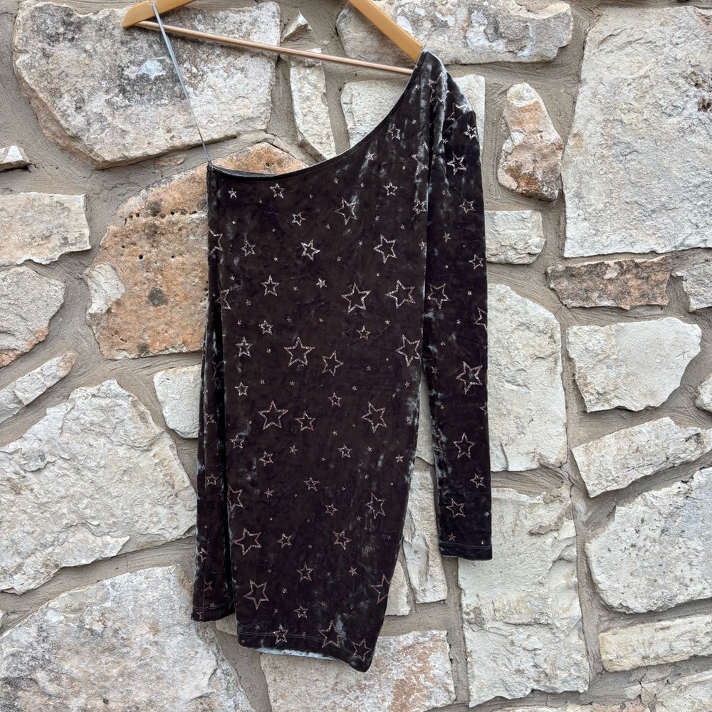 TOPSHOP : Grey Velvet One Shoulder Mini Dress With Stars glitter size us 8 - Picture 6 of 7